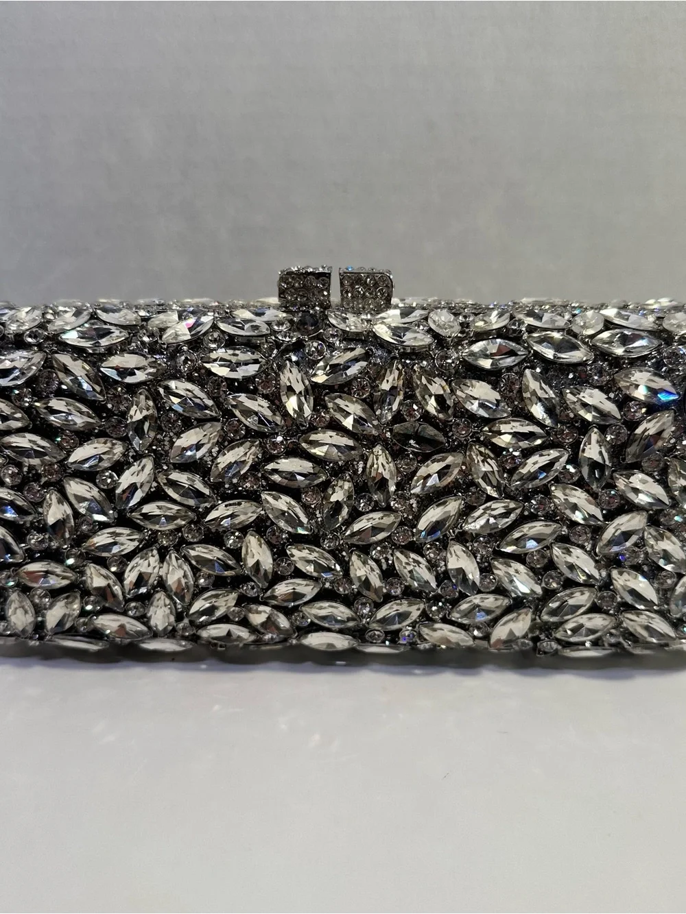 Crystal-Embellished Silver Evening Clutch - Designer Style